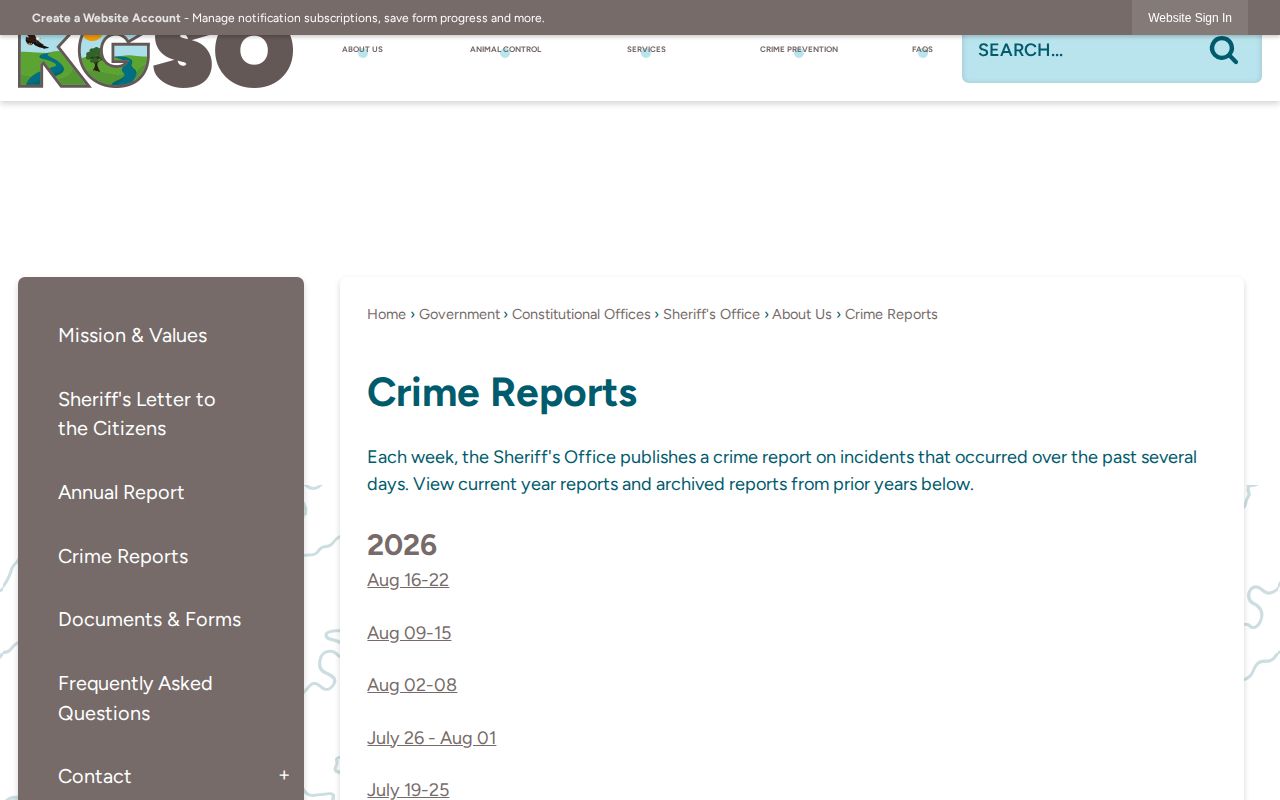 King George County official weekly incident-report archive for crime records
