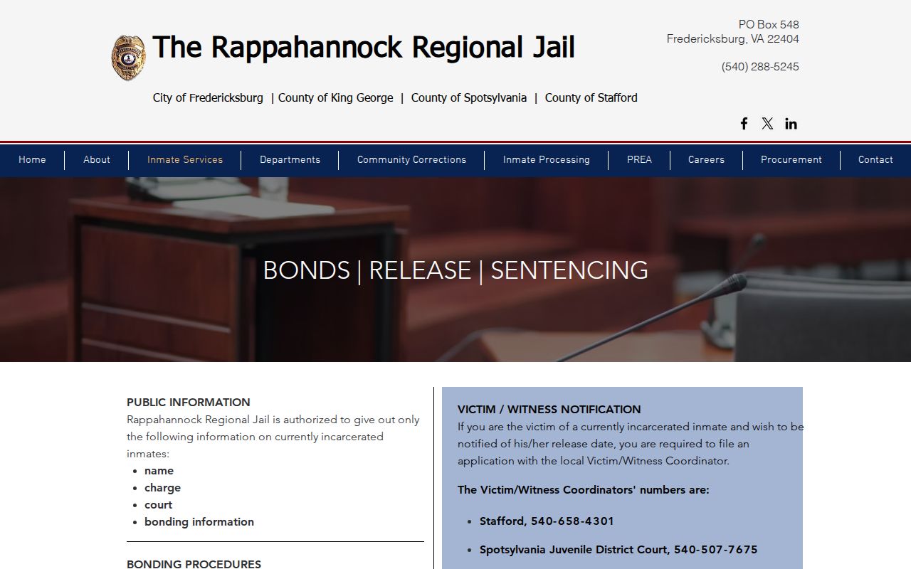 Rappahannock Regional Jail King George County current-custody record policy